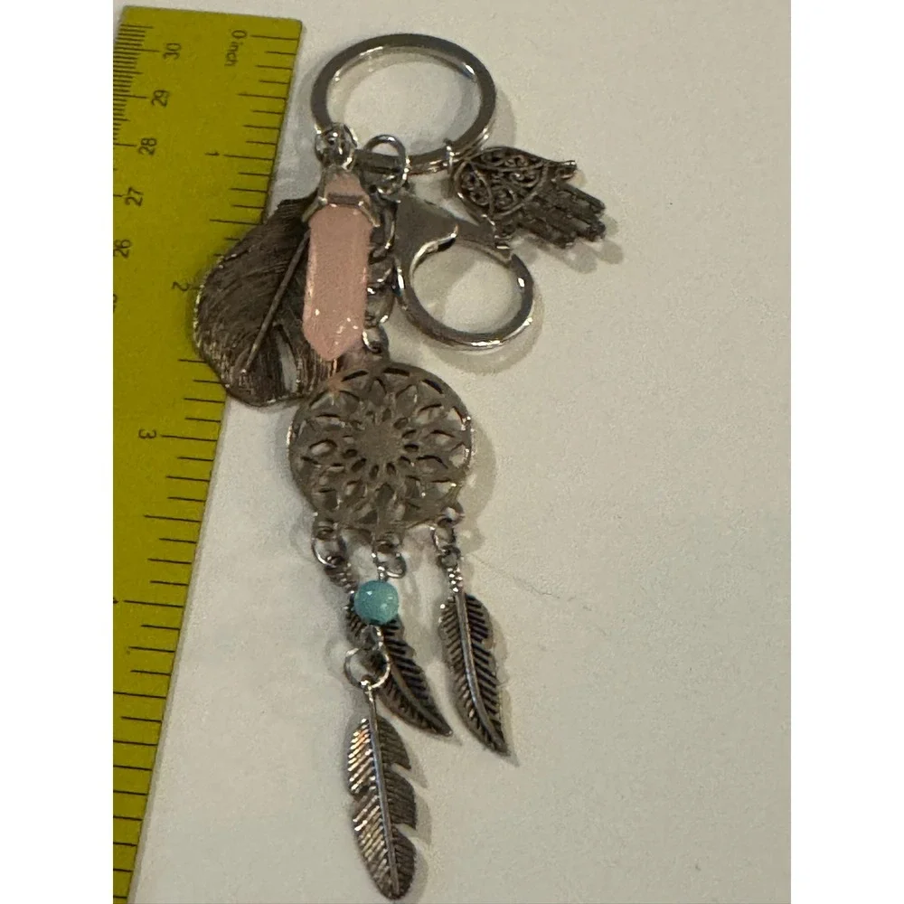 Boho Silver Dreamcatcher Hamsa Pink Quartz Leaf Keychain Bag Charm Accessory